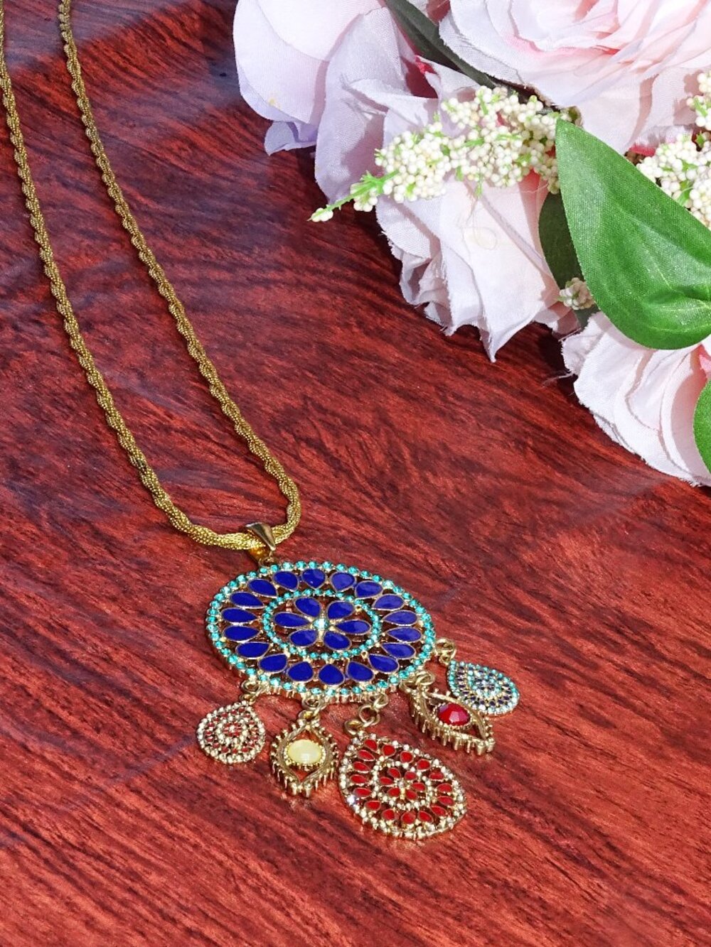 Gold Tone Large Jeweled Pendant Necklace 27 3/4"